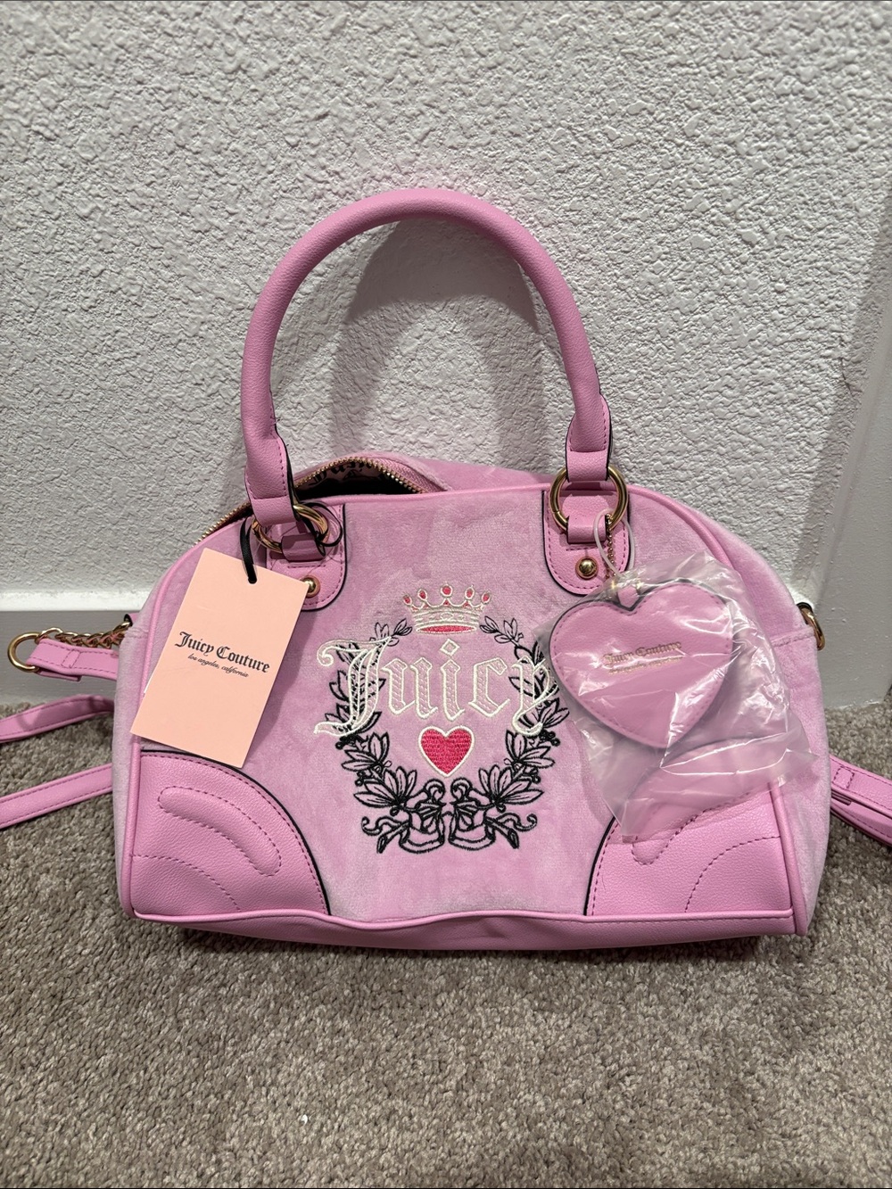 Juicy Couture Light Pink Embroidered Dome Satchel with Heart Charm